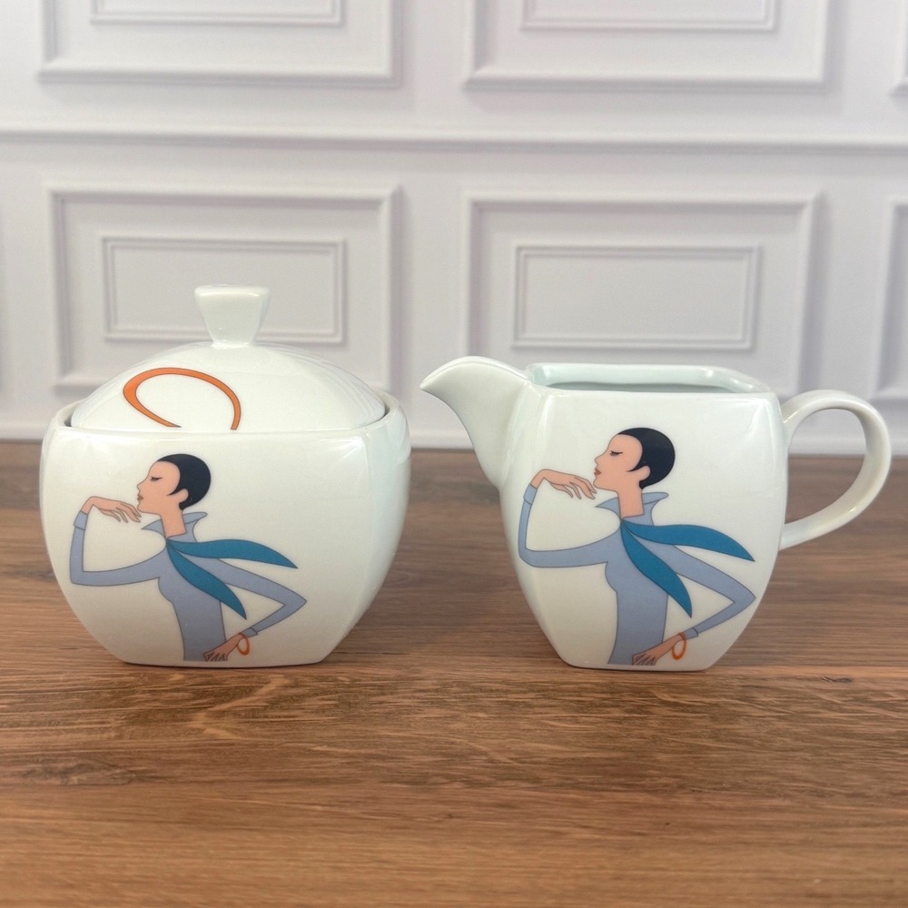 NEW VTG Studio Nova Art Deco "Bianca" Lidded Sugar Dish and‎ Creamer